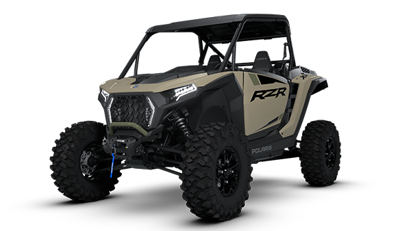 A grey and green two-seat Polaris RZR UTV