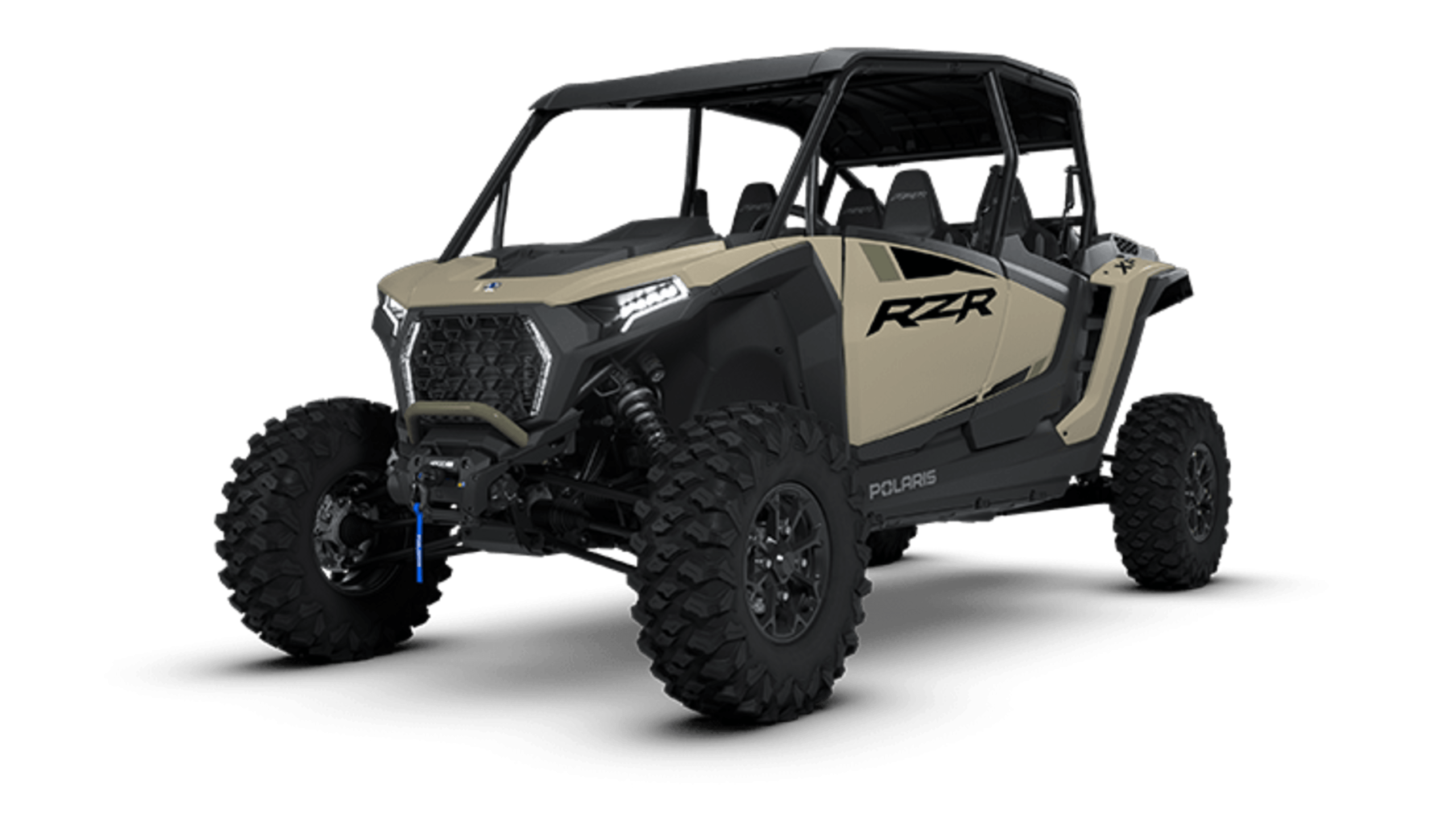 A grey and green four-seat Polaris RZR UTV